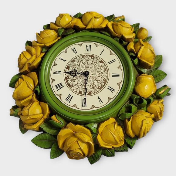 Syroco Homco Yellow Green Rose Floral Large Decorative Wall Clock "Not Working" - Picture 1 of 14